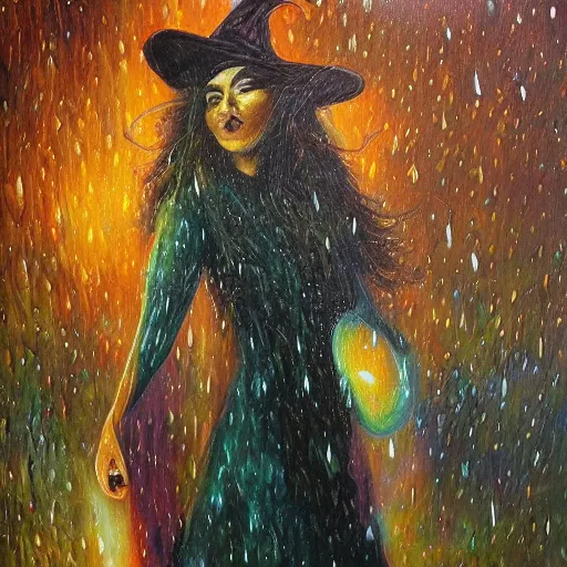 Prompt: dreamy vision of witch walking through heavy rain, epic, cosmic, intricate details, oil on canvas