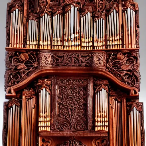 Image similar to pipe organ intricately carved from ancient wood, detailed reference photo, artstation