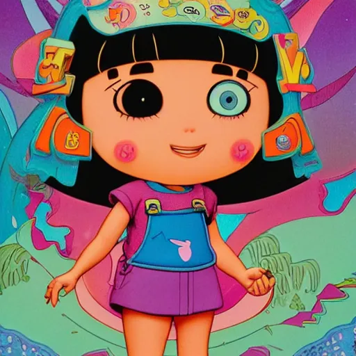 Prompt: dora the explorer as real girl in happy pose, detailed, intricate complex background, japanese Pop Surrealism, lowbrow art style, muted pastel colors, soft lighting, 50's looks by Mark Ryden,Yosuke Ueno,mucha, artstation cgsociety