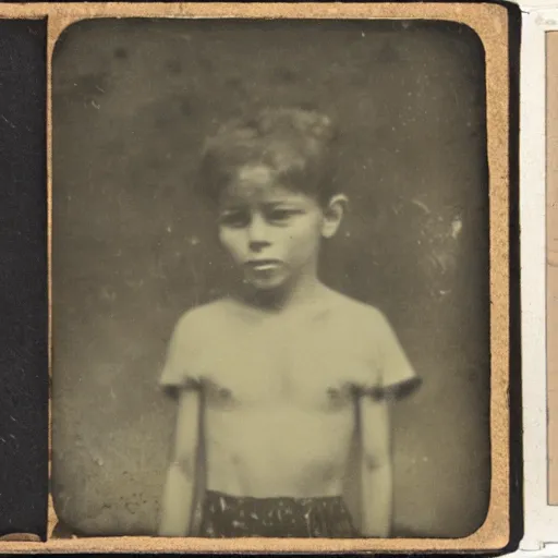 Image similar to tintype photo, swimming deep underwater, kid with huge alien