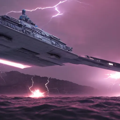 Image similar to a star destroyer being pulled in half by an evil yoda covered in force lightning, cinematic lighting, ultra realistic, 8 k,