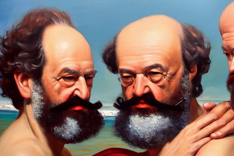 Prompt: ( ( a beautiful 8 k photorealistic masterpiece oil - painting ) ( close up ) and ( zoom out ) ( of ( karl marx and sigmund freud in a swimsuit ad ) ( in swimsuit ( both giggling and having fun ) ) ) ( hyperrealism ) ( 1 6 k ) ( trending on artstation )