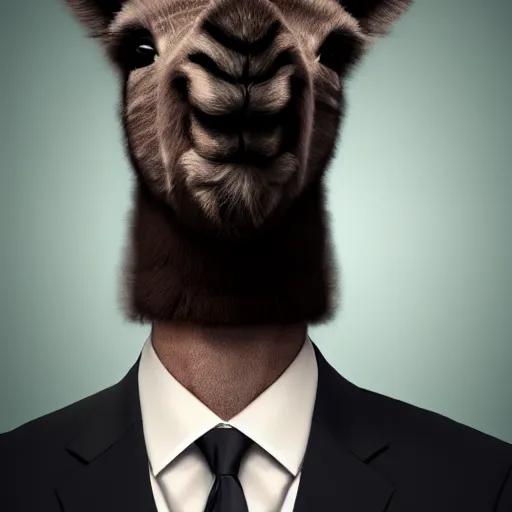 Image similar to a picture of half portrait of a man in suit with an alpaca's head, symmetrical facial features, dark background, octane.