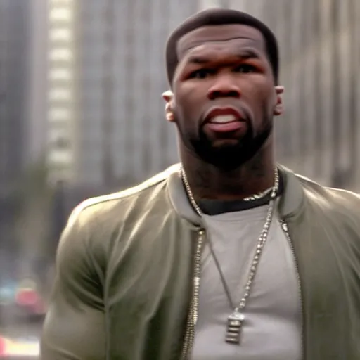 Prompt: blurry film still of 50 cent as hancock (2008), photorealistic, 4k, 8k, flying through the city scene