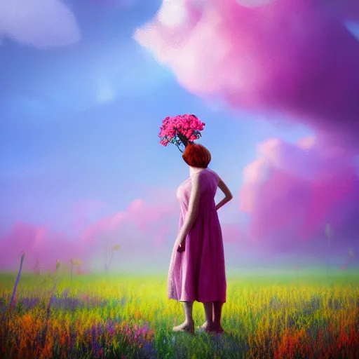 Image similar to girl with a singular flower for a head, surreal photography, dream, standing in flower field, magical, in a valley, sunrise dramatic light, impressionist painting, colorful clouds, artstation, simon stalenhag, flower face