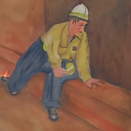 Image similar to Weary firefighter. Watercolor. 1930s