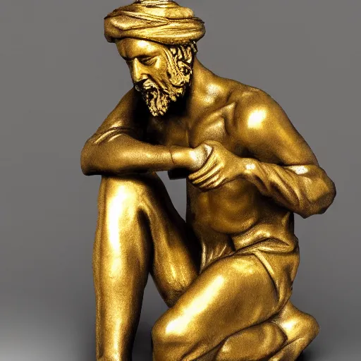 Image similar to golden statue of a beggar, realistic, detailed,