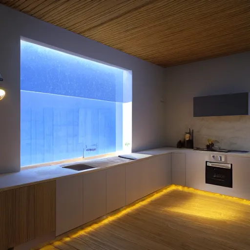 Image similar to kitchen skylight led strip lighting, realistic, wide shot, octane render, house and home, home and garden, hyper realistic, high quality, highly detailed, hd, beautiful, cinematic, 8 k, unreal engine,