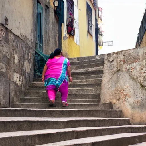 Prompt: an obese Indian woman holding a rollator climbing steps in Porto