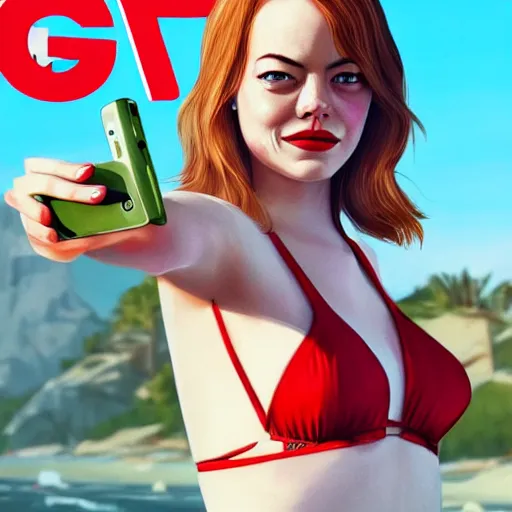 Image similar to emma stone in gta v wearing a red bikini taking a selfie, cover art by stephen bliss, artstation, no text