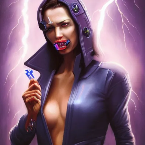 Prompt: a painting of a woman with a lightning bolt in her mouth, cyberpunk art by mark brooks, trending on deviantart, fantasy art, dystopian art, darksynth, quantum wavetracing