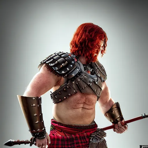 Image similar to bulky muscular scottish warrior with red hair and a kilt, tribal blood red war paintings on his chest, bronze plate armor, 4 k oil on linen by wlop, artgerm, andrei riabovitchev, nuri iyem, james gurney, james jean, greg rutkowski, highly detailed, soft lighting 8 k resolution