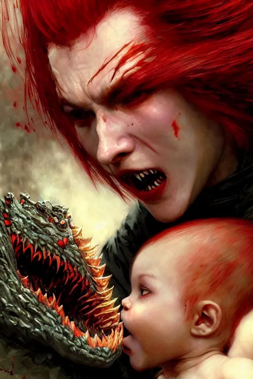 Image similar to beautiful vampire with red hair eating a baby shin - godzilla, extreme close up detailed face portrait dnd, painting by gaston bussiere, craig mullins, greg rutkowski, yoji shinkawa