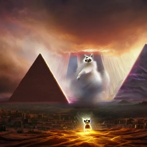 Image similar to In front a evil raccoon ploting the destruction of earth, in background a giant stormy rift in reality opens over a pyramid in the desert, award-winning, trending on artstation, oil on canvas, masterpiece, matte painting