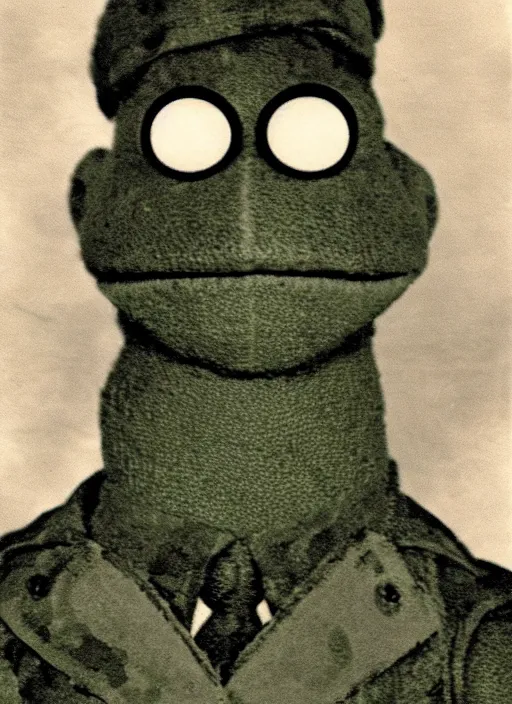 Image similar to grainy 1940’s WWII military portrait of an anthropomorphic frog muppet dressed like a soldier, professional portrait HD, frog, frog head, authentic, Kermit, muppet weird