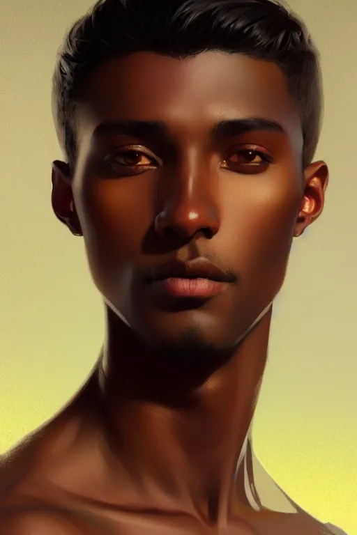 Image similar to full figure beautiful young fit dark skin man, dressed with multicolored fluent clothes, luminous scene, by greg rutkowski and alphonse mucha, d & d character, gradient white to gold, in front of a dune desert background, highly detailed portrait, digital painting, artstation, concept art, smooth, sharp focus illustration, artstation hq