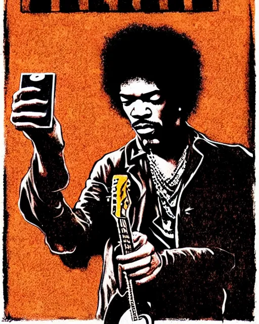 Image similar to grunge rock jimi hendrix taking a selfie with his iphone, instagram, tiktok, postmodern surrealist concert poster, grainy poster art, hand drawn matte painting by lynd ward and gary houston, smooth, sharp focus, extremely detailed, 8 5 mm.