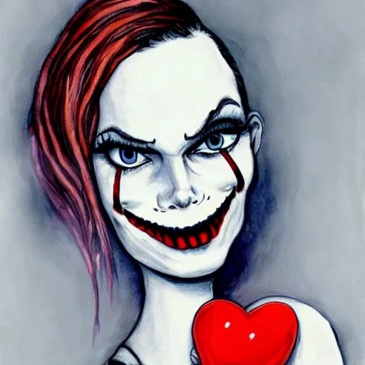 Image similar to grunge cartoon painting of margot robbie with a wide smile and a red balloon by chris leib, loony toons style, pennywise style, corpse bride style, horror theme, detailed, elegant, intricate