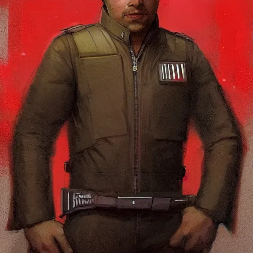 Image similar to portrait of a man by greg rutkowski, he looks like greg grunberg, tall and burly, star wars expanded universe, he is about 3 0 years old, wearing red and white starfighter pilot uniform from the galactic triunvirate.