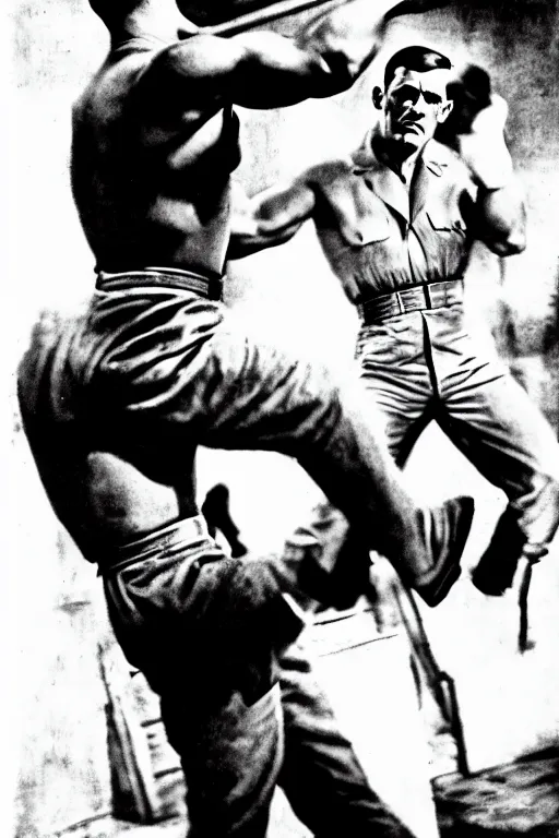 Image similar to vintage photograph of doc savage punching hitler clear detail, photorealistic, hd, 8 k resolution, award winning photo, epic digital art