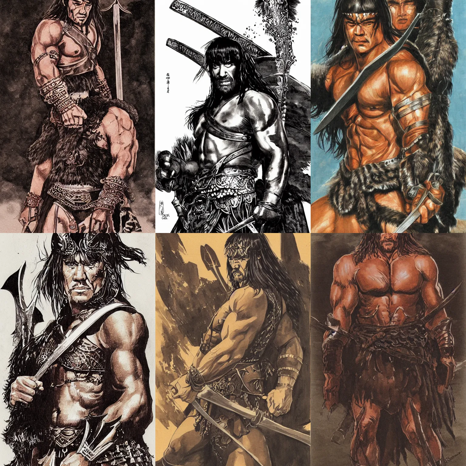 Prompt: portrait of conan the barbarian, illustration by takashi hashimoto
