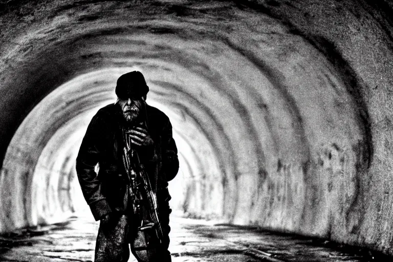 Prompt: a cinematic headshot photograph of a homeless war veteran, stood in a tunnel, stormy weather, rain, film still, cinematic, dramatic lighting, blue color theme, by zack snyder