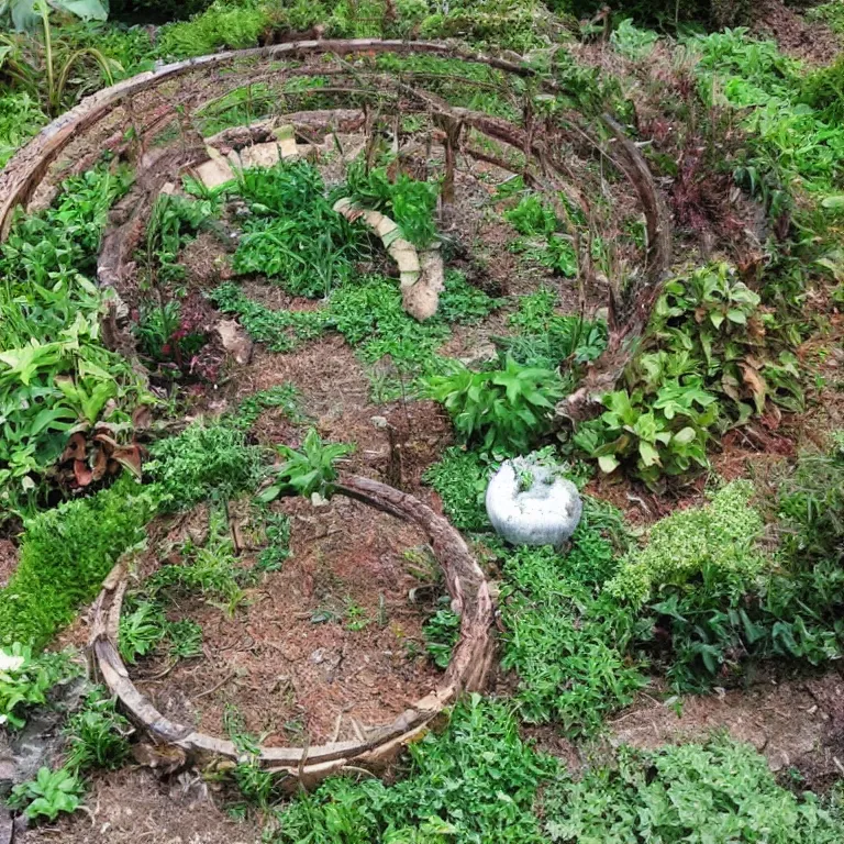 Image similar to a circle portal structure built out of plants and mushrooms