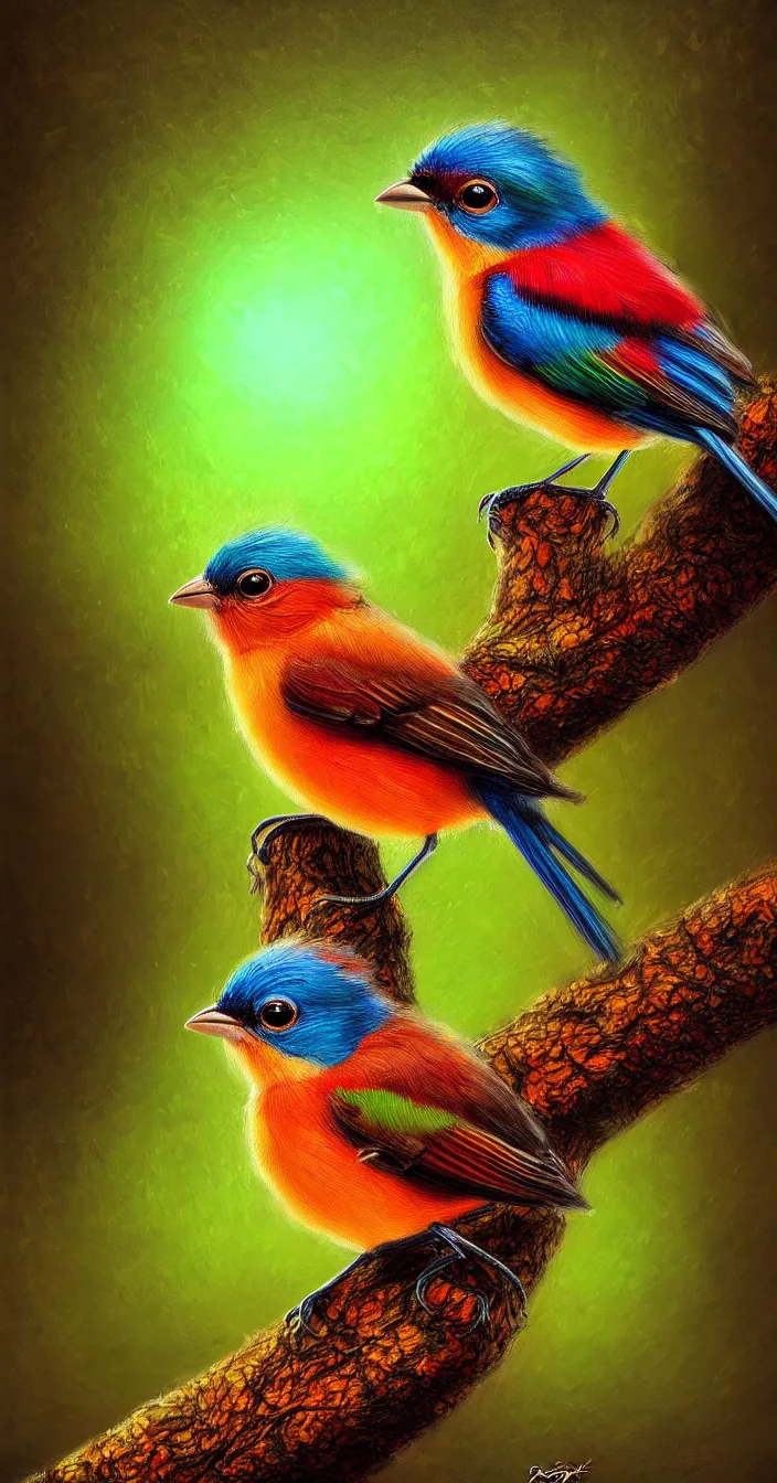 Image similar to realistic photo of colorful small bird sitting on tree, dark smooth background, very sharp focus, very hyper realistic, art of greg rutsowski, highly detailed, fantasy art station