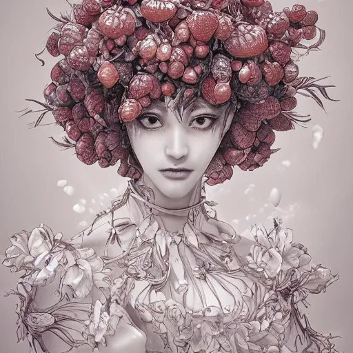 Prompt: the portrait of an absurdly beautiful, graceful, elegant, chaste, young woman made of strawberries and white petals looking up, an ultrafine detailed illustration by kim jung gi, irakli nadar, intricate linework, bright colors, octopath traveler, final fantasy, angular, unreal engine 5 highly rendered, global illumination, radiant light, detailed and intricate environment
