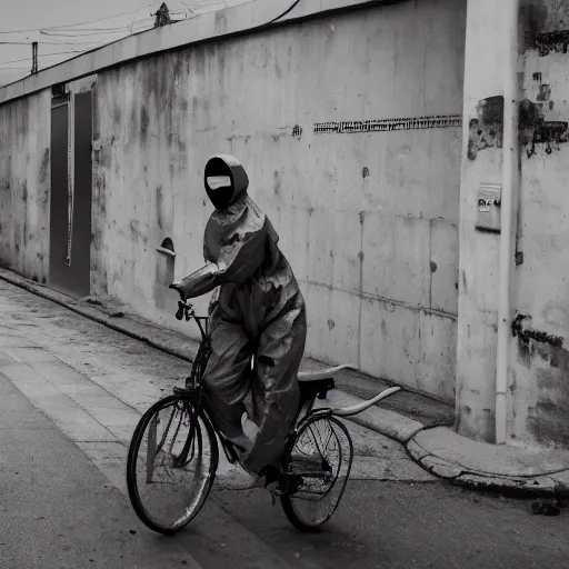 Image similar to a photo of a female wearing a hazmat suit, riding a bike, side-view, smoke in the background, filthy streets, broken cars. Vines growing. Jpeg artifacts. Full-color photo. Color color color color color. Award-winning photo. OM system 12–40mm PRO II 40mm, 1/100 sec, f/2 8, ISO 800