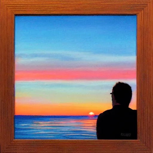 Image similar to 2 men watching the beautiful sunset together by the beach, by greg rutowski, muted colors