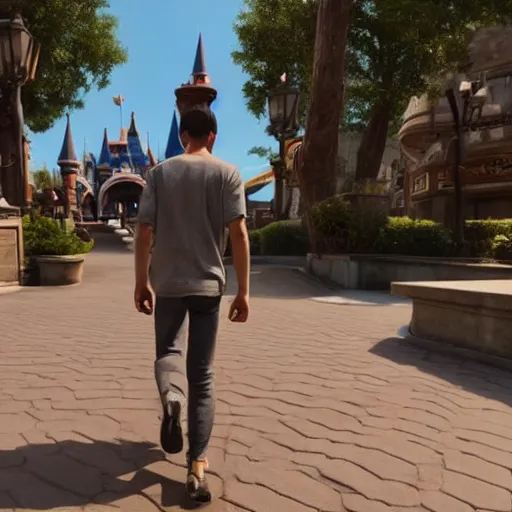 Image similar to Man in ragged clothes walking through the entrance of a desolate Disney Park, hyperrealistic, unreal engine 5