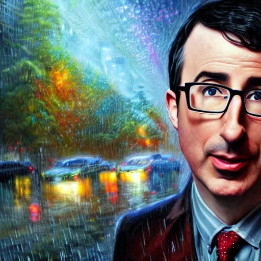 Image similar to John oliver in the rain, artstation, concept art, sharp focus, matte painting, hyper detailed, hyper realistic, art by Josephine wall