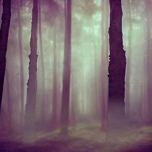 Image similar to polaroid style of a surreal artsy dream forest backdrop overlay, double exposure