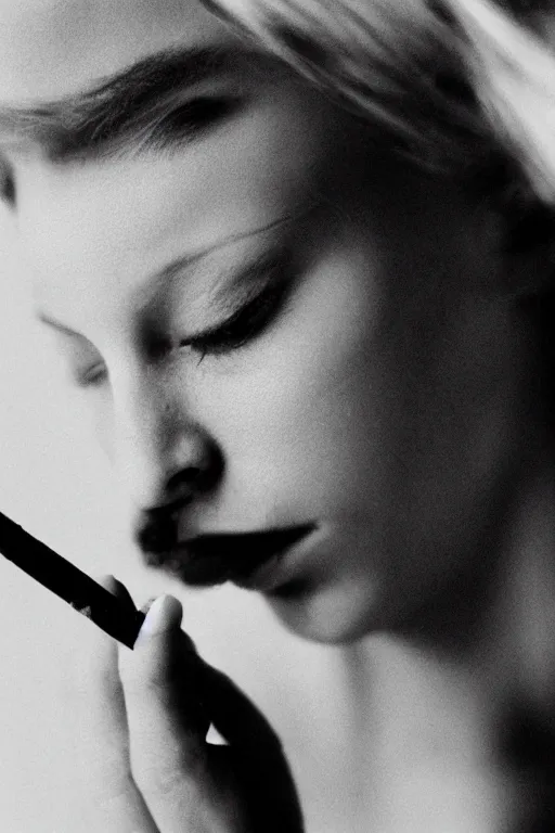 Image similar to extreme close-up black and white portrait, beautiful white woman smokes cigarette, Peter Lindbergh, 35mm, film photo, small aperture