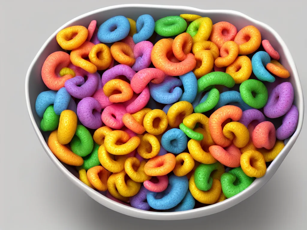 Prompt: bowl of fruit loops in milk, high realism, crunchy, glossy, high detail, stylized, pixar, substance painter, octane render