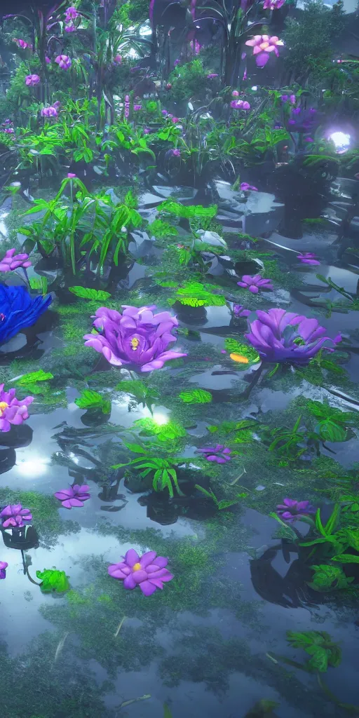 Image similar to alien flowers on a groovy biome warner bros, smooth, cinematic, wet reflections, ray tracing x, rtx, smooth