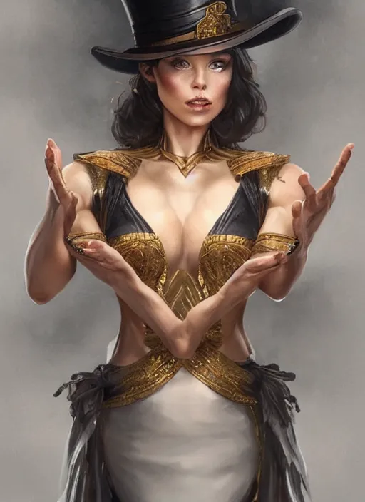 Prompt: Muscular woman in an elegant top hat dress casting a fire spell, medium-length portrait, dramatic lighting, D&D, fantasy, intricate, elegant, highly detailed, digital painting, artstation, concept art, matte, sharp focus, illustration, hearthstone, art by Artgerm and Greg Rutkowski and Alphonse Mucha