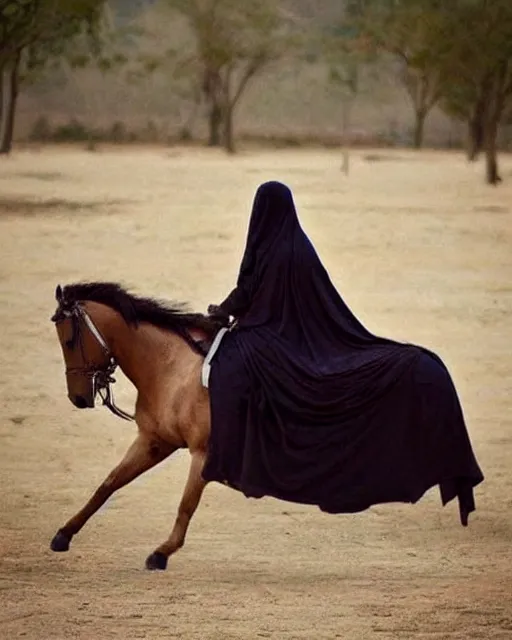 Image similar to burqa's woman, ride horse, taliban, riffle, beautiful, dynamic pose, pinterest