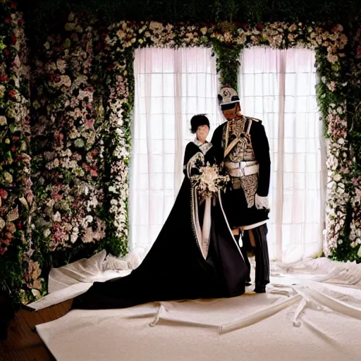 Prompt: A wide full shot, colored black and White Russian and Japanese mix historical fantasy a photograph portrait of a royal wedding floral covered aisle inspired by a enchanted ethereal forest, 1907 photo from the official wedding photographer for the royal wedding.