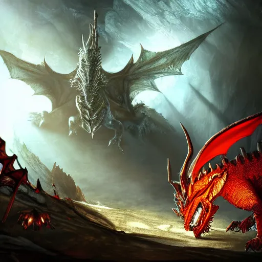 Prompt: photo of an armored knight confronting a large red scaly dragon sleeping on a mountain of human bones in a dark dusty cave with a ray of light shining on it\'s face. The knight is very small in comparison to the dragon. The cave is full with sparkling gemstones and gold. Very detailed 8k. fantasy