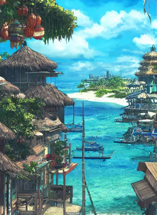 Prompt: Fantasy tropical port town view from the beach. hidari, color page, tankoban, 4K, tone mapping, Akihiko Yoshida.