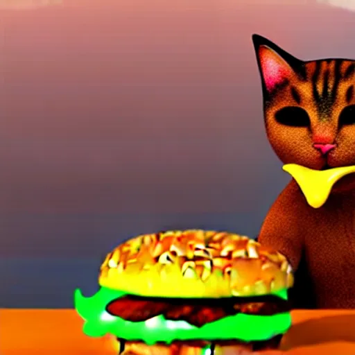 Image similar to a cat / burger hybrid, with fries, volumetric lighting, 4 k