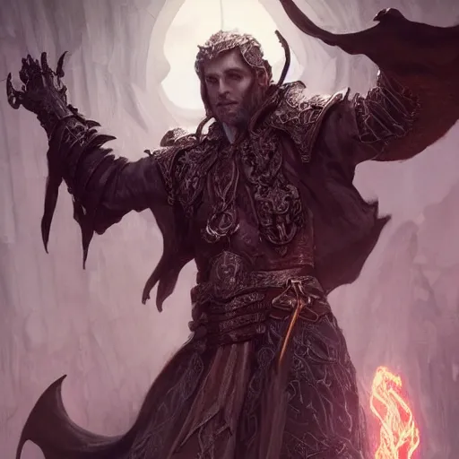 Prompt: Male necromancer wearing pauldrons made from dragon skulls and a flowing robe, D&D, fantasy, intricate, cinematic lighting, highly detailed, digital painting, artstation, concept art, smooth, sharp focus, illustration, art by Artgerm and Greg Rutkowski and Alphonse Mucha
