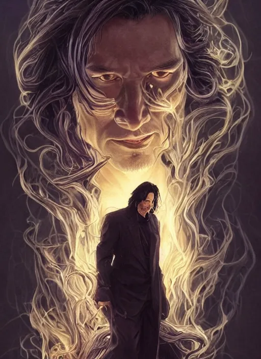 Image similar to keanu reeves as sandman elemental, with fingers and hair turning into smoke, fantasy, intricate, elegant, highly detailed, digital painting, artstation, concept art, wallpaper, smooth, sharp focus, illustration, art by artgerm and greg rutkowski and alphonse mucha