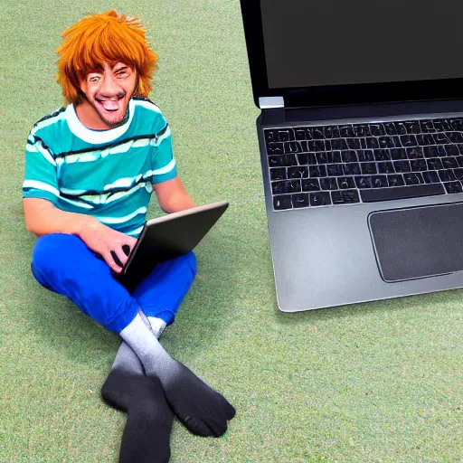 Image similar to shaggy from scooby doo with mismatching socks laptop and laughing