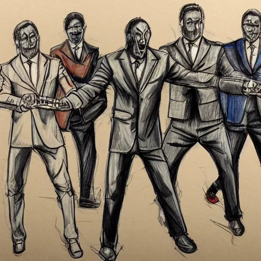 Image similar to highly detailed realistic sketch of UN members in suits yelling at a cyborg samurai, fear and anger in their eyes, colored , award winning , masterpiece on a scroll , post-processing