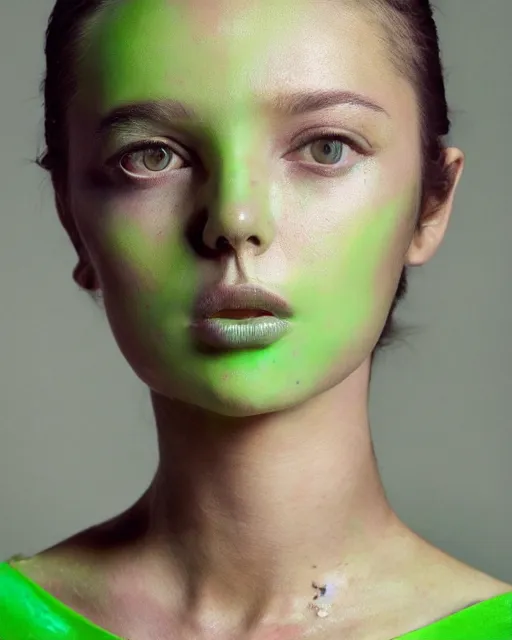 Prompt: professional head shot concept art of a beautiful fashion model wearing catholic spiritual clothes by reza nia, nick knight, amy judd, jil sander minimal romantic heavenly elite style, posed, flushed cheeks, fluorescent green makeup, studio, studio lighting, flat natural tones, sharp focus, 8 k, very fine detail, stunning matte painting