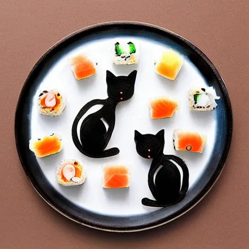 Image similar to clear surrealist painting of tiny adorable cats made from sushi rice, sitting on sushi plates with sushi, garnish, wasabi and soy sauce