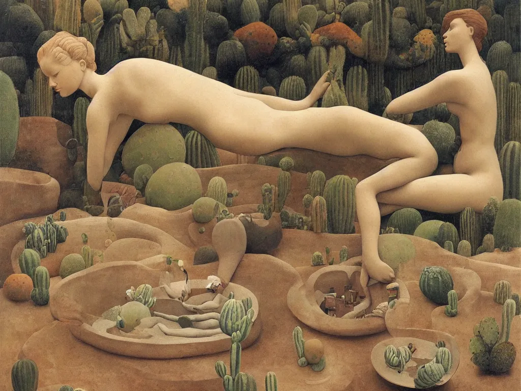 Prompt: Woman sculpted by Henri Moore taking a bath alone in a strange, giant ceramic basin sculpted river. Alien, selenar, crater landscape with cacti. Painting by Georges de la Tour, Alex Colville, Balthus